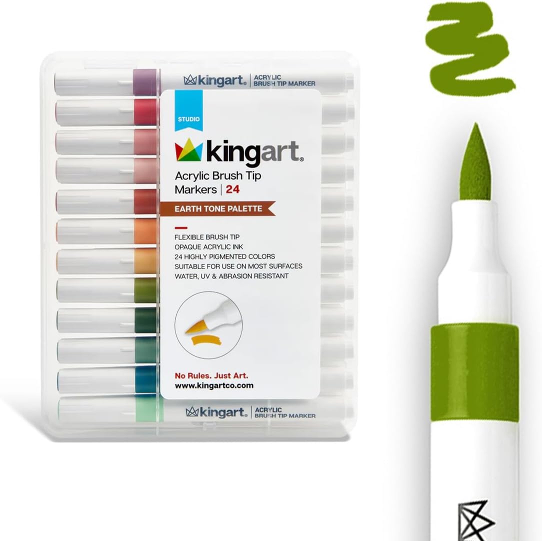 KINGART 24-Piece Earth Tone Acrylic Paint Brush Tip Marker Set – Flexible Fiber Brush Tips – Smooth Opaque Water-Based Ink for Nature Illustration and DIY Crafts – 24 Unique Earth Tone Colors