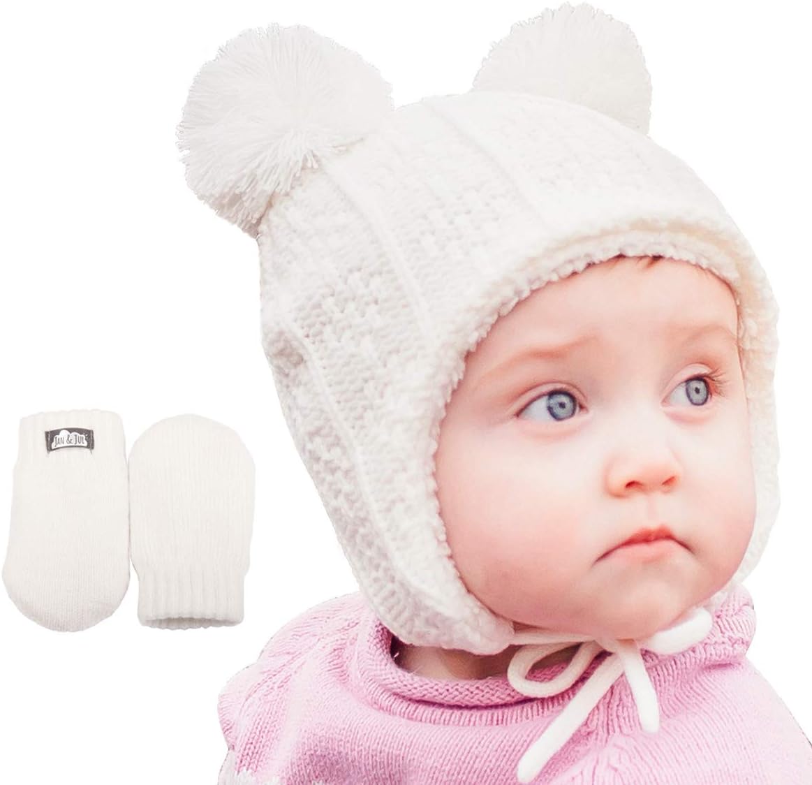 JAN & JUL Baby Toddler Knit Winter Hats, Mittens and Sets | Fleece Lined, Cream
