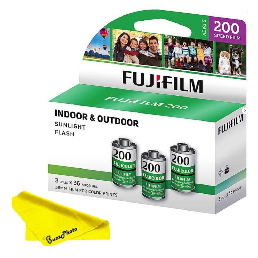 Fujifilm Fujicolor 200 Color Negative Film (35mm Roll Film, 3x36, Multipack) + BuzzPhoto Microfiber Cleaning Cloth (1 Pack (3 Rolls))