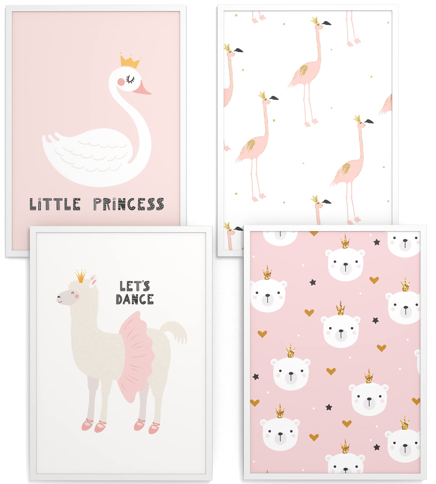 Cuadros para niños, Set de 4, A3 enmarcado en marco de madera (blanco), Regalo para niñas, Láminas decorativas para el cuarto infantil, rosa animales cisne Flamingo Llama, Princess Animals