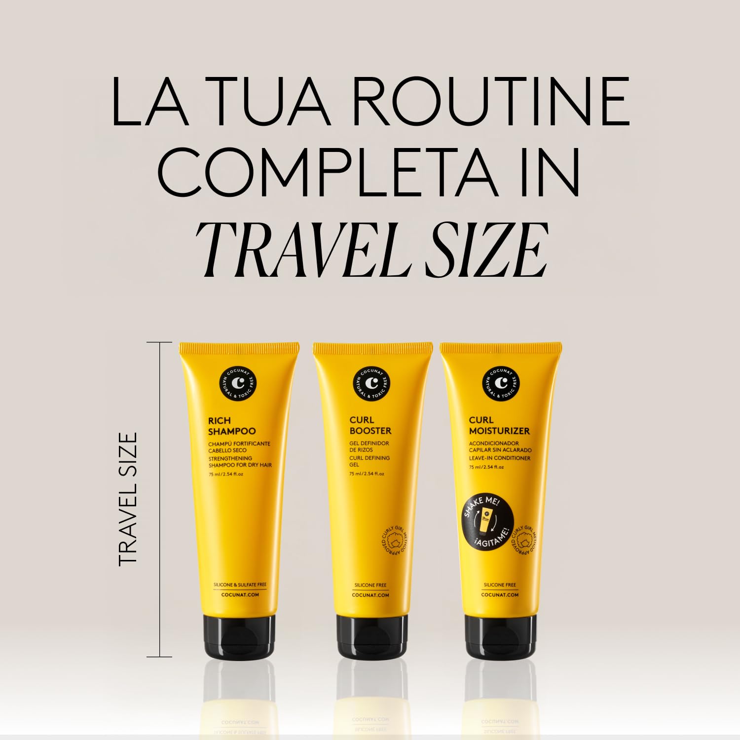 COCUNAT - Travel Size - Pack Curl Booster + Curl Leave-In Moisturizer + Rich Shampoo - Definizione dei Ricci - Anti-Frizz - 75 m