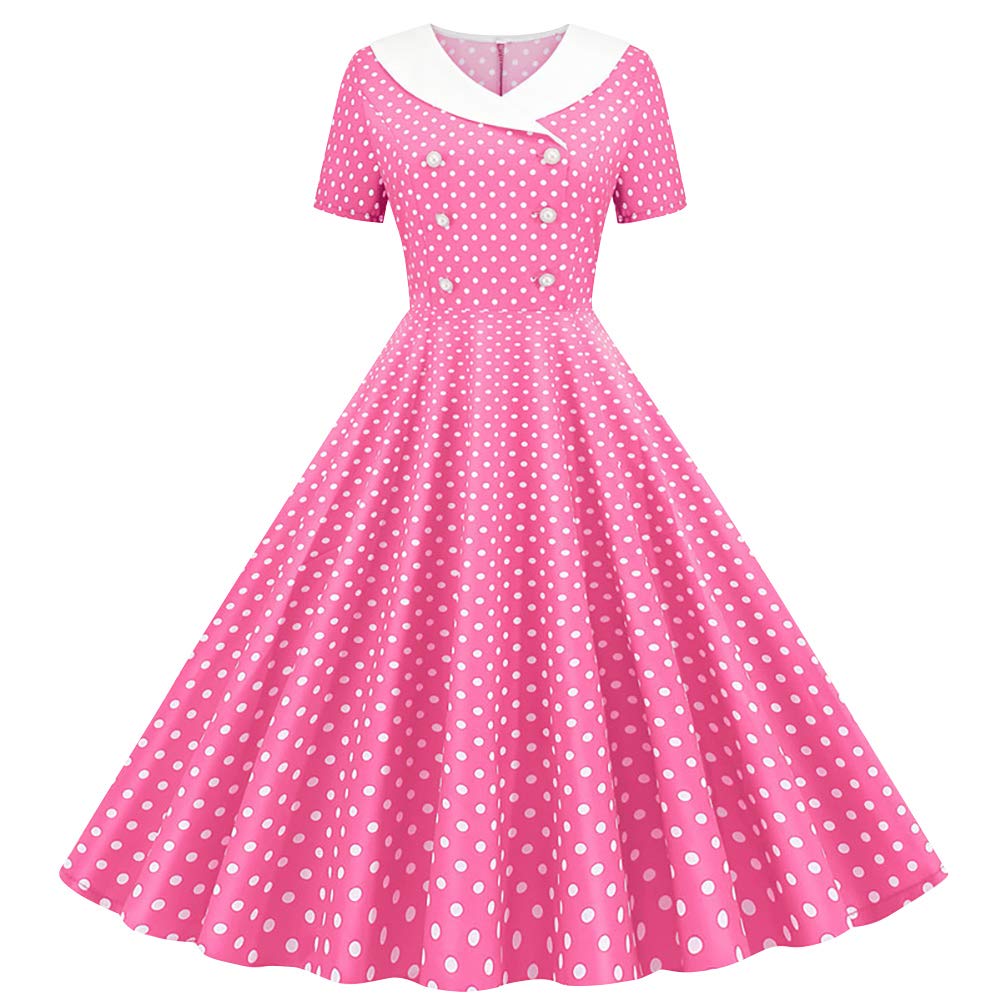 Women Double Breasted Notch Lapel 50s Vintage Short Sleeve Cocktail Swing Dress Polka Dot 1950s Rockabilly Prom Midi Dress