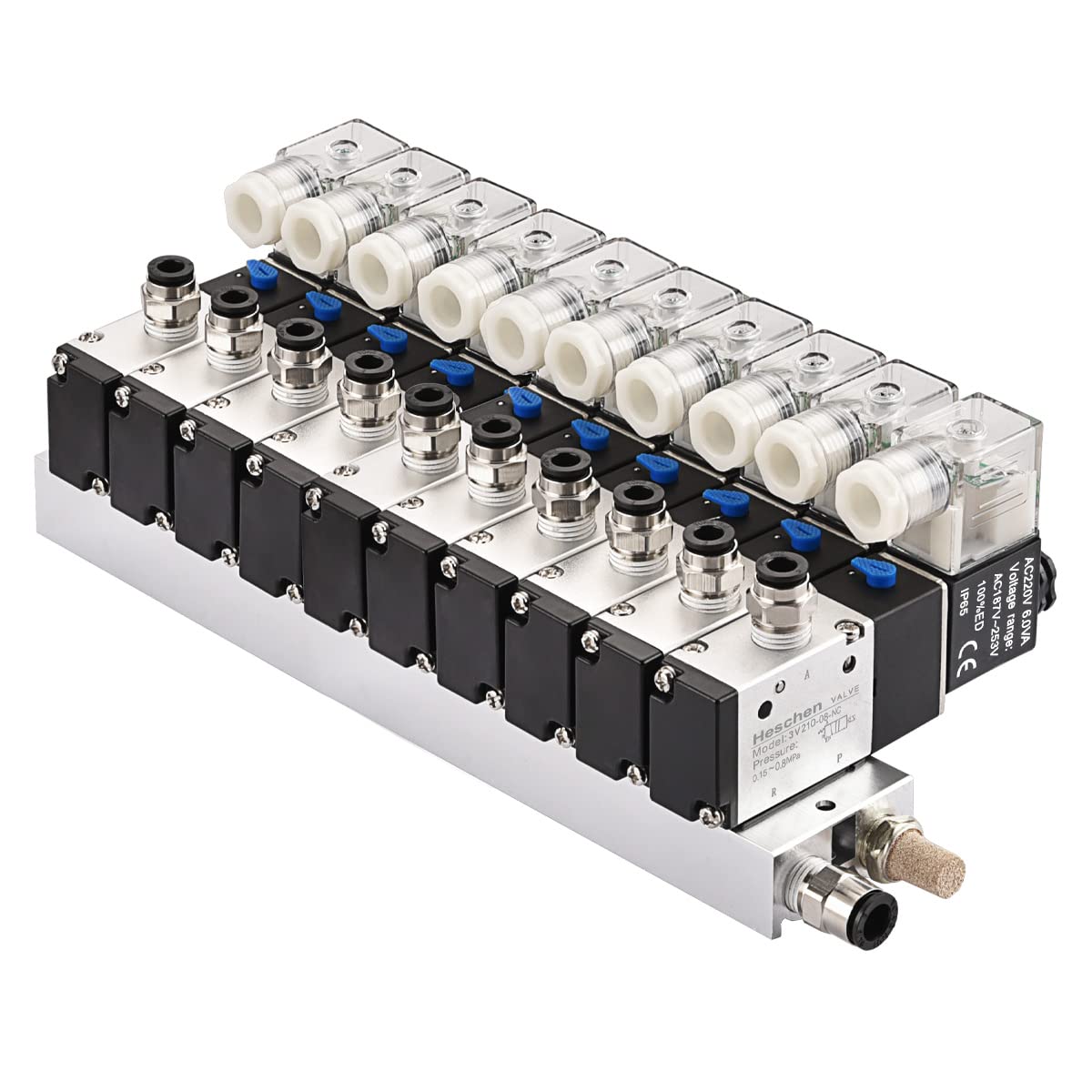 Heschen Válvula solenoide neumática eléctrica 10, 3V210-08, AC220V, PT1/4, 3/2 vías, conjunto de accesorios rápidos de silenciador base colector
