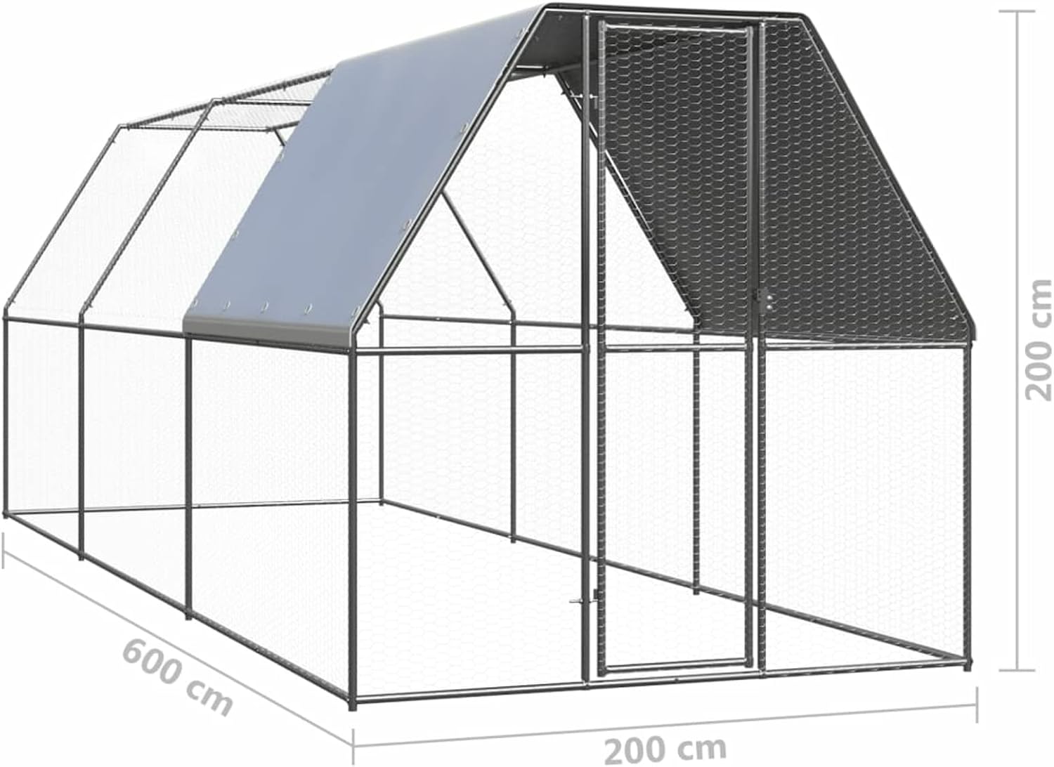 Angled view of the chicken coop with dimensions labeled: 200 cm width, 600 cm length, 200 cm height