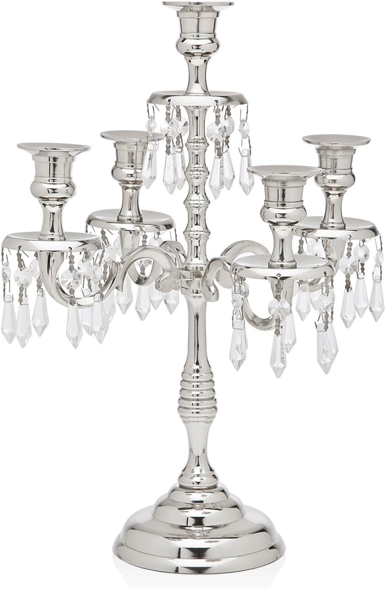 Godinger Silver Art Ribbed Nickel Plated 5 Light Candelabra With Hanging Crystal Drops