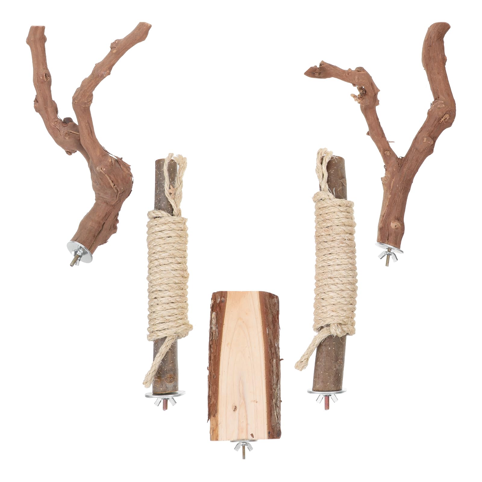 Set 5 Pezzi Trespoli in Legno Naturale per Pappagalli Grandi, Supporto Robusto per Gabbia con Corde e Rami, per Voliere Interne e Benessere Uccelli Esotici