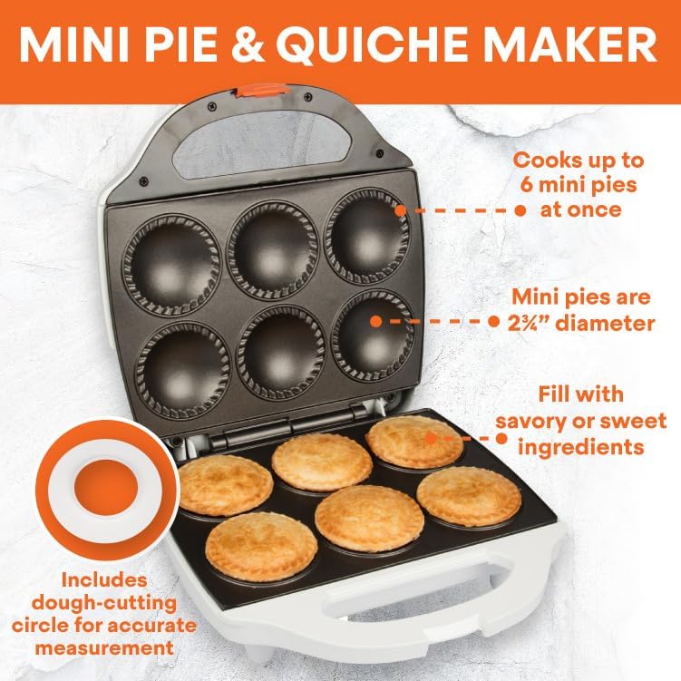 MasterChef Mini Pie & Quiche Maker open, showing six baked mini pies and a dough cutting circle