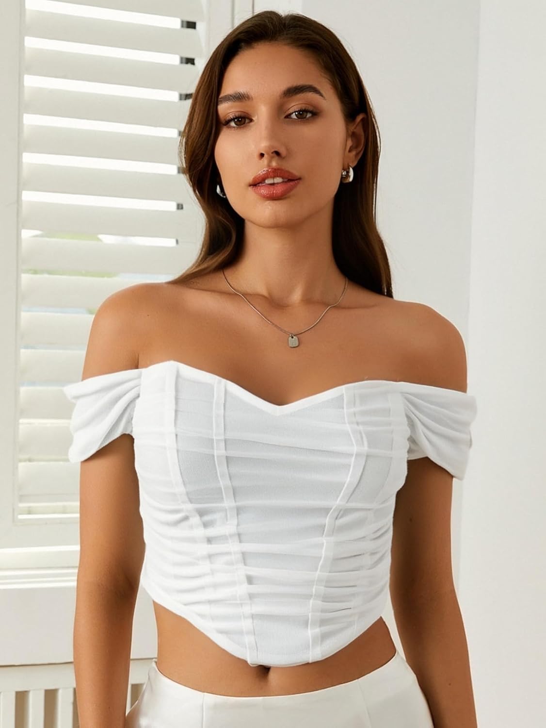 Floerns Women's Off Shoulder Short Sleeve Asymmetrical Hem Ruched Corset Crop Top - Image 3