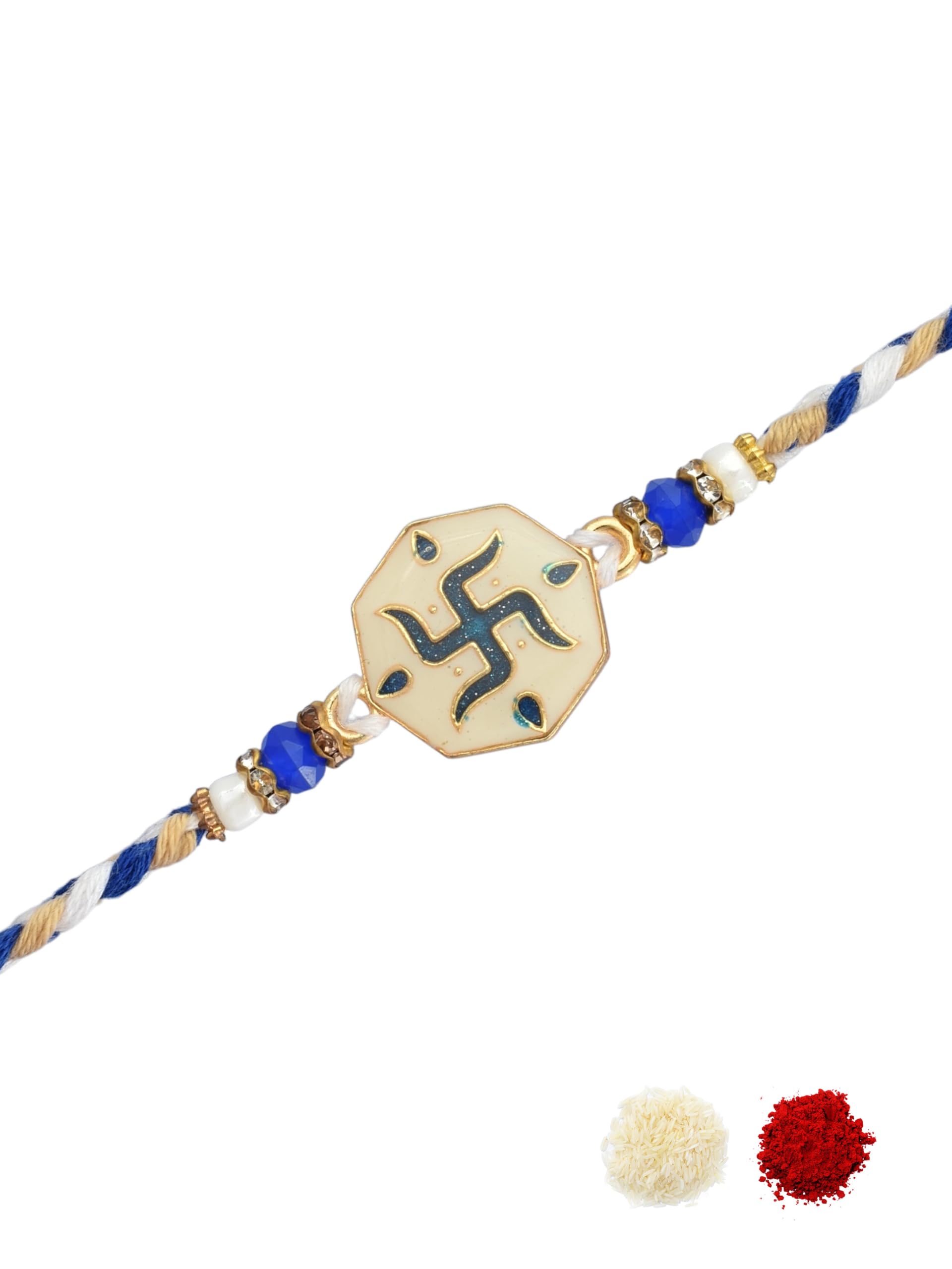 Traditional Swastik Blue Enamel work, Beaded, Braided Cotton Thread Pack of 1 Rakhi with Roli Chawal & Greeting Card for Brothers, Religious Premium Festive Rakhi for Raksha Bandhan-82-image-12