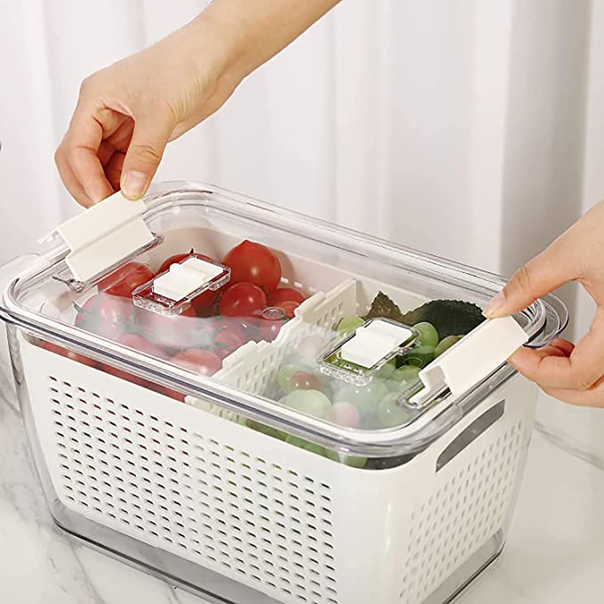 KASTWAVE Fridge Organizers and Storage, Medium 3-in-1 Draining Crisper with Strainer for Fruits Vegetables Airtight with Vent & Drain Fridge Organizer White