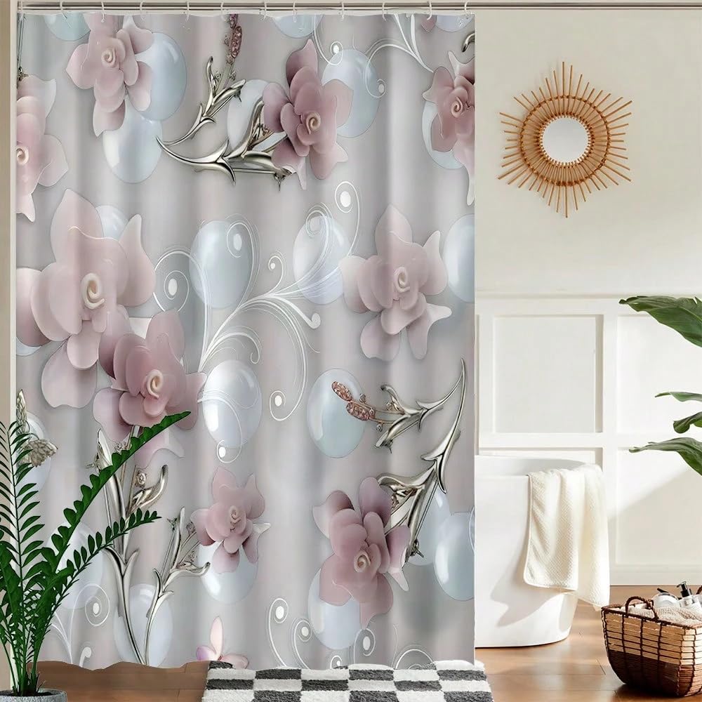 Rideau de Douche Nordique à Motif Floral 3D en Relief, Rideau de Douche de Salle de Bain imprimé en 3D avec Motif Floral Rose et Blanc (300 x 180 cm / 118 x 71 po (L x H))