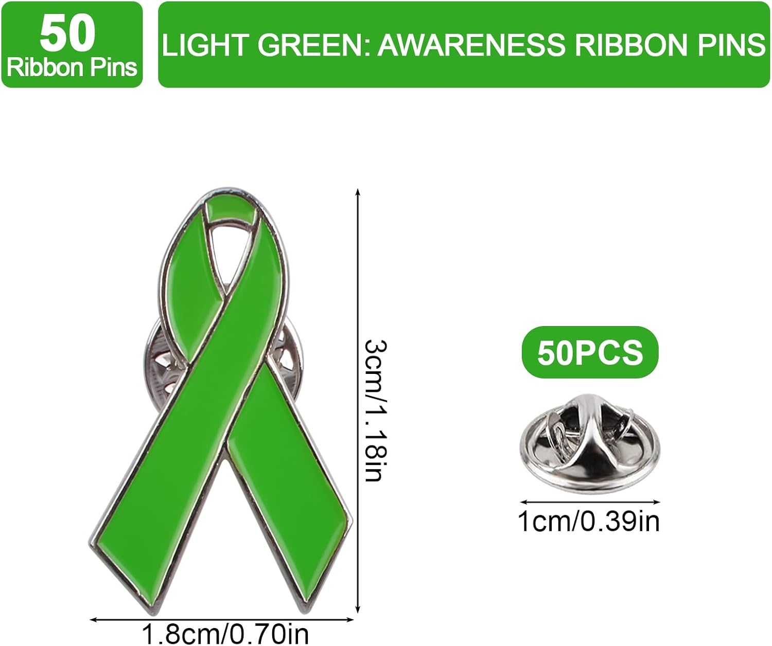 WANDIC Metal Ribbon Pins, Silver Back Ribbon Brooches Cancer Awareness Lapel Pins Hope Pins Enamel Jewelry Pins for Men Women Ladies (Lime Green, 50 pcs) - Image 2