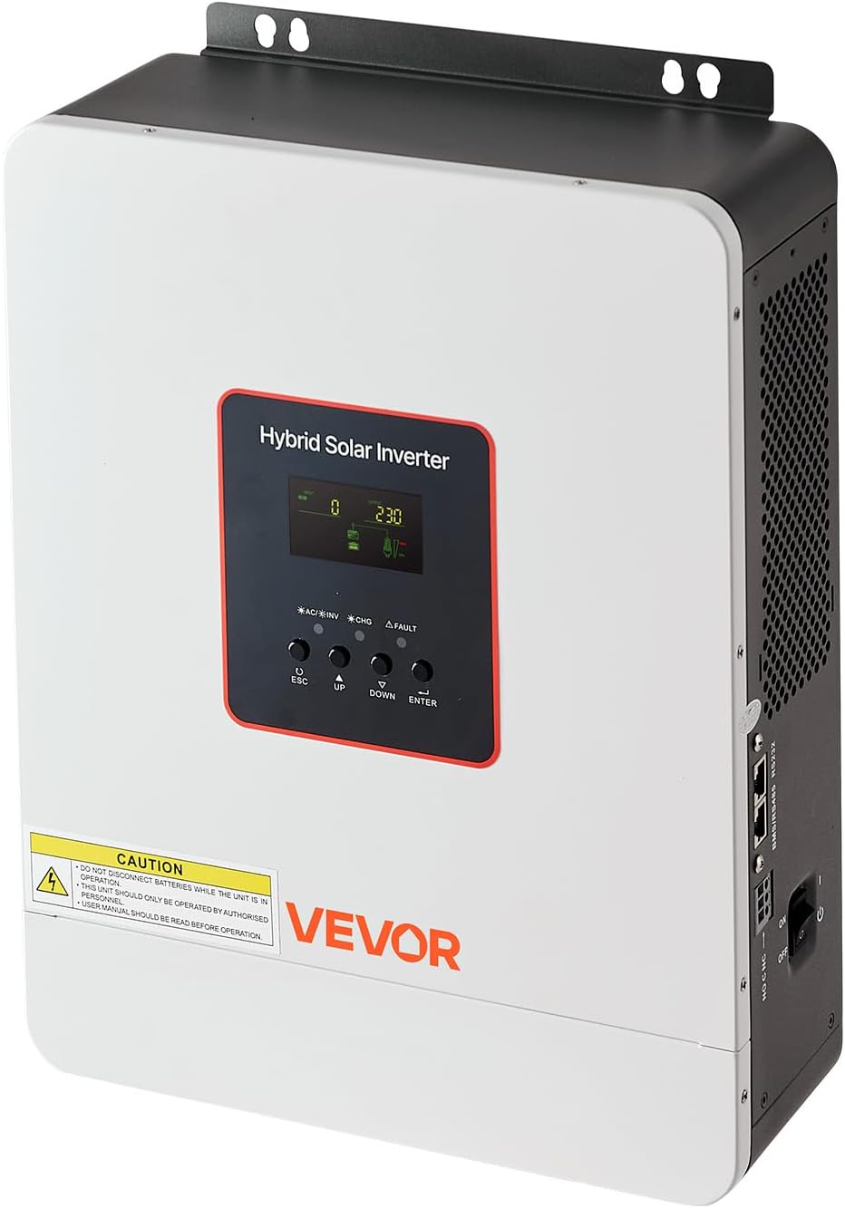 Diagram showing dimensions and key specifications of the VEVOR 3000W Hybrid Solar Inverter