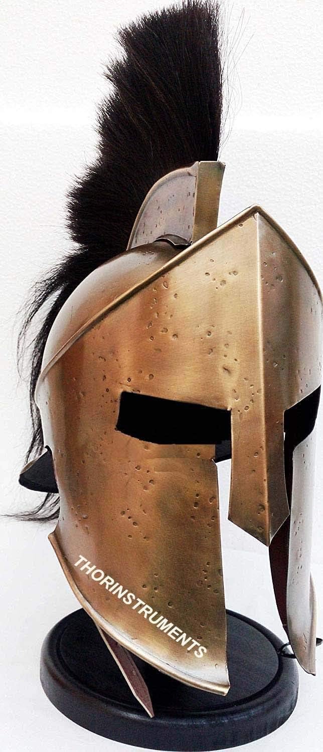 Medieval Armour King Leonidas Greek Spartan 300 Roman Helmet with Black Wooden Stand Black Plume Rustic Vintage Home Decor Gifts