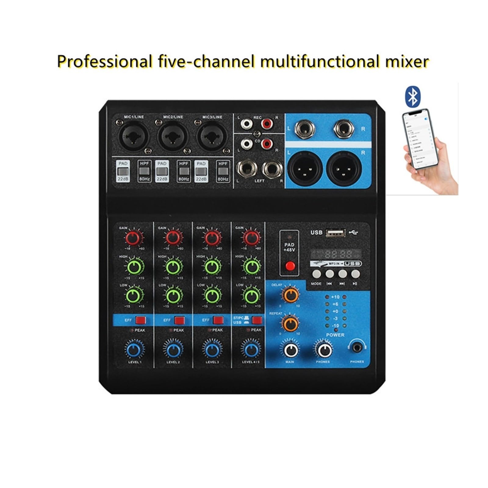 Mezclador de audio, Tarjeta de sonido 5 vías for grabación por ordenador, unidad libre, consola mezclas, mezclador, equipo profesional, interfaz, procesador Para karaoke en estudio