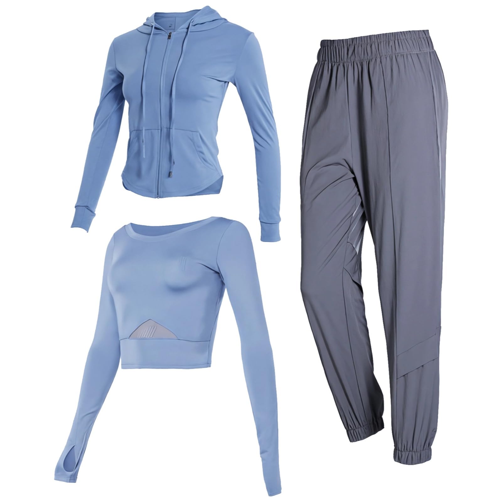 Damen Activewear Yoga-Set mit Kapuzenjacke, Sport-BH, Jogger; 3-teiliges Outfit für Fitnessstudio oder Freizeit, Größen S-XL, Blau und Grau, Einheitsgröße
