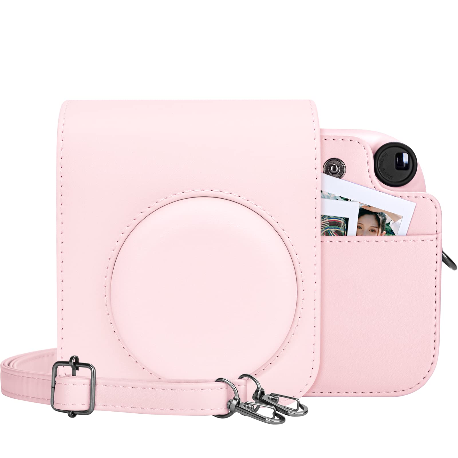 MUZIRI KINOKOO Housse Instax Mini 12 - Cuir PU Étui de Protection pour Fuji Instax Mini 12 Appareil Photo - avec Pochette Photo Stocker des Films ou Photos - Bandoulière Réglable - Rose