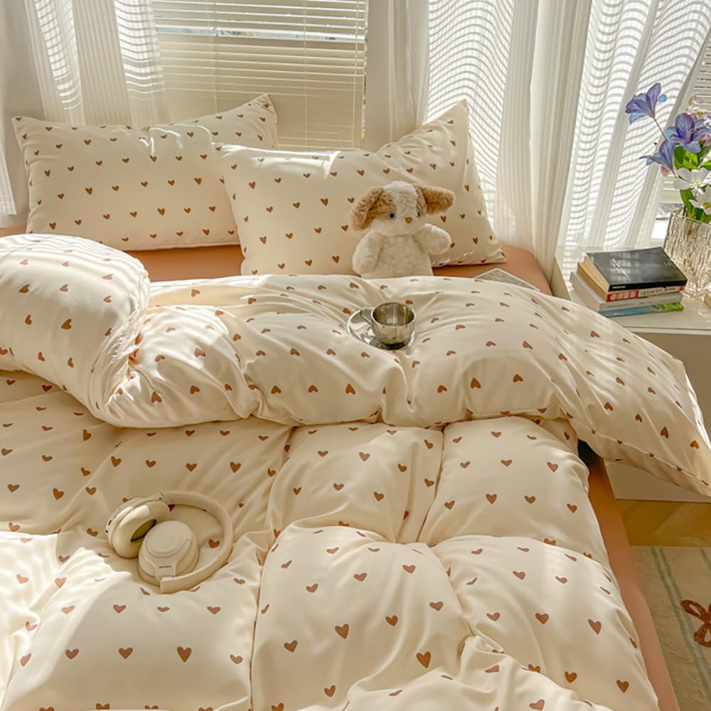 Covebett Duvet Cover Double Heart Beige and Brown Heart Print Kawaii Bedding Set Girls Cream Love Hearts Aesthetic Microfiber Comforter Cover 200x200 with Zipper Closure and 2 Pillowcases 50x75cm โ image 1