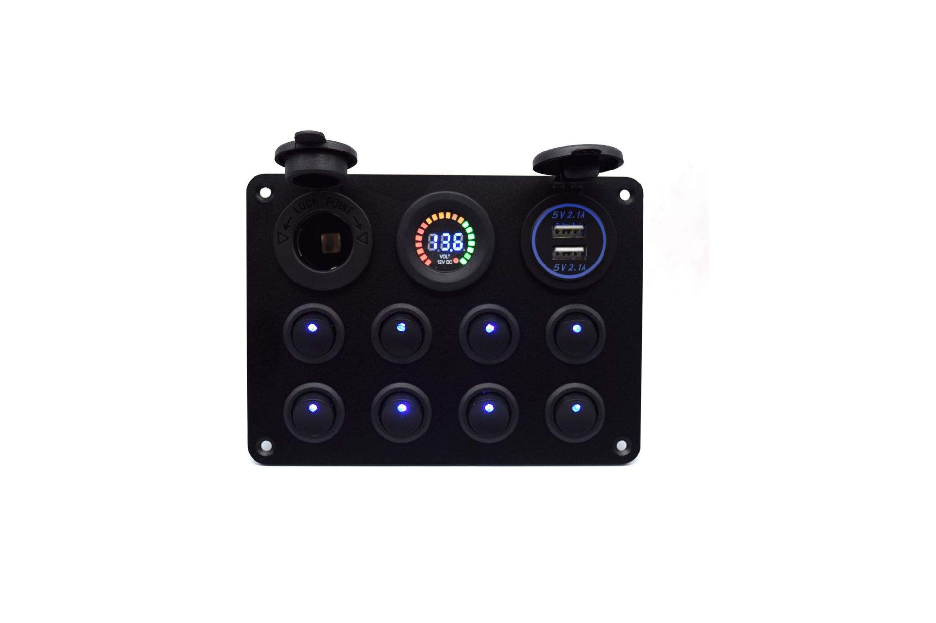 Riloer Panel de interruptores para vehículos y barcos de 12 V Interruptor de panel de ojo de gato combinado de 8 posiciones con protección de caja de fusibles - Luz azul