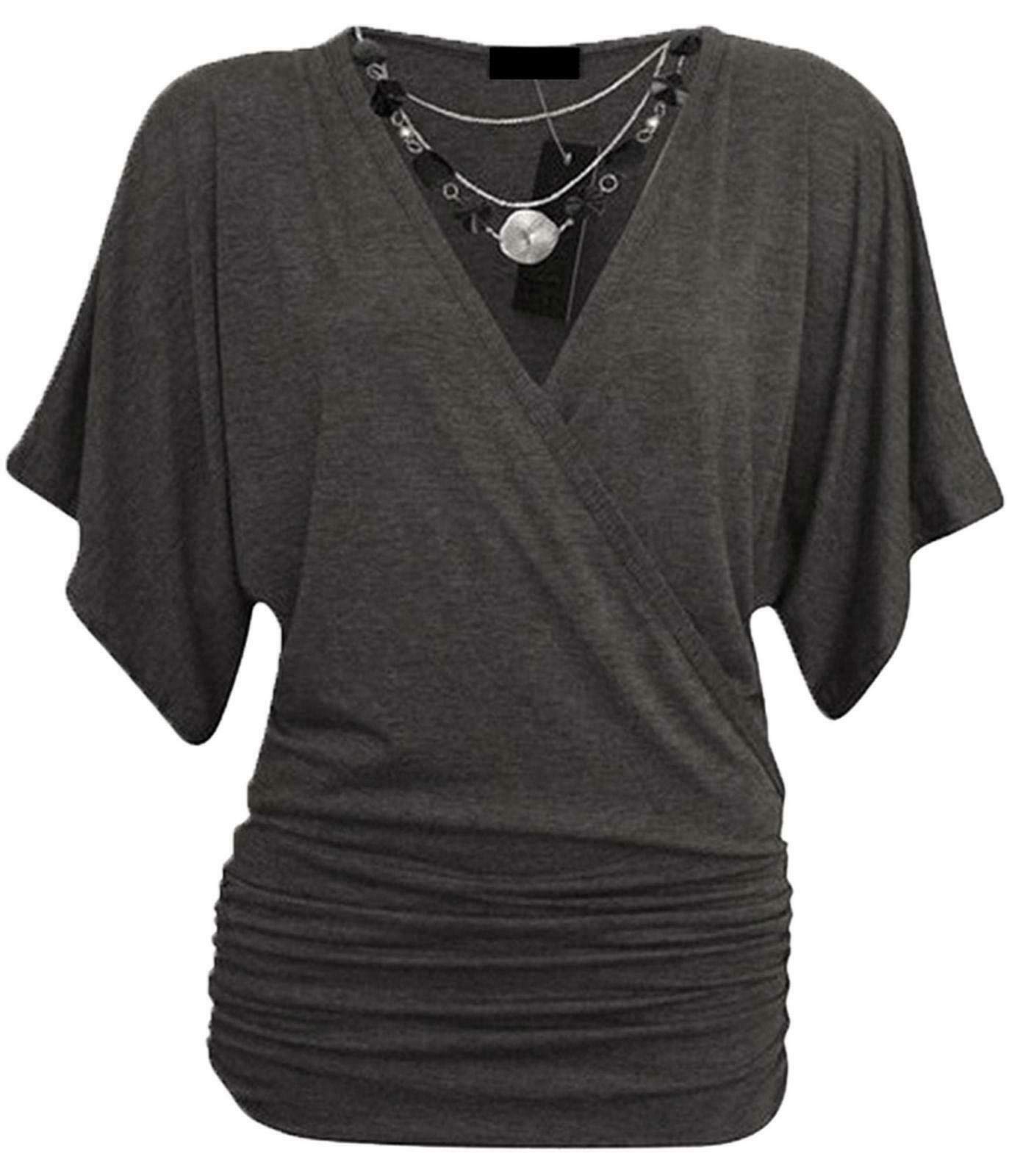 Fairy Boutique Women's Charcoal Stylish Wrap Over Necklace Baggy Tunic Batwing Top Casual Wear V Neck Loose Top