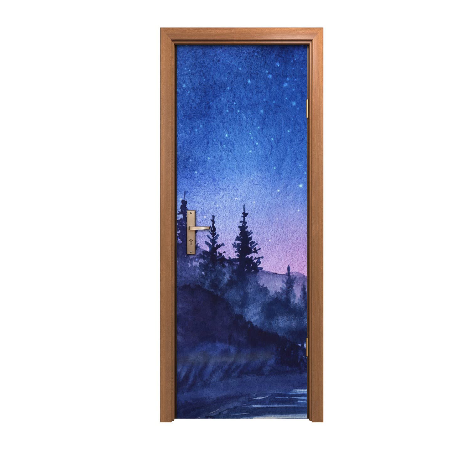 Autocollant de porte 70x200 déco murale arbre rivière lune