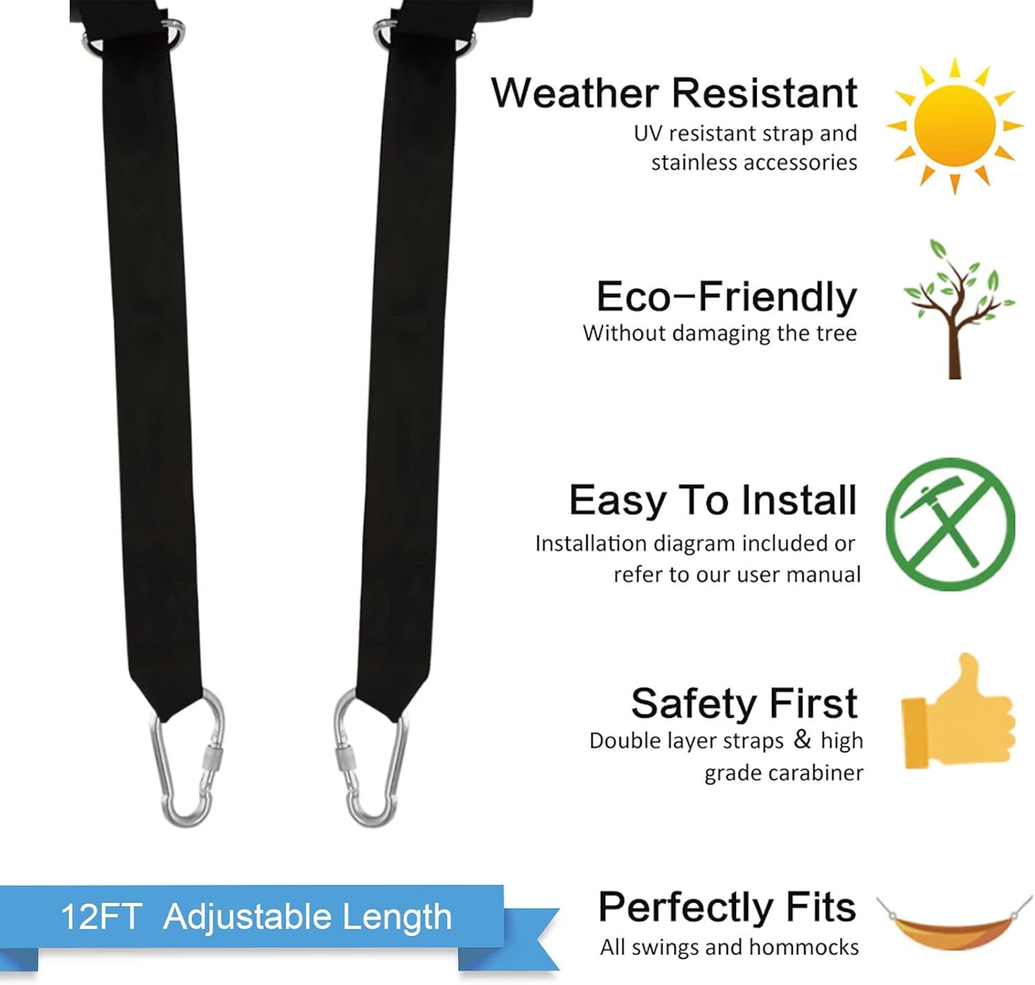 12FT 2400LB Hammock Tree Straps - Extra Long Tree Swing Hanging Kit with Carabiner, Easy Hang Tree Strap or Hammock Straps - Heavy Duty, Adjustable Tree Straps for All Swing and Hammock Types : Patio, Lawn & Garden