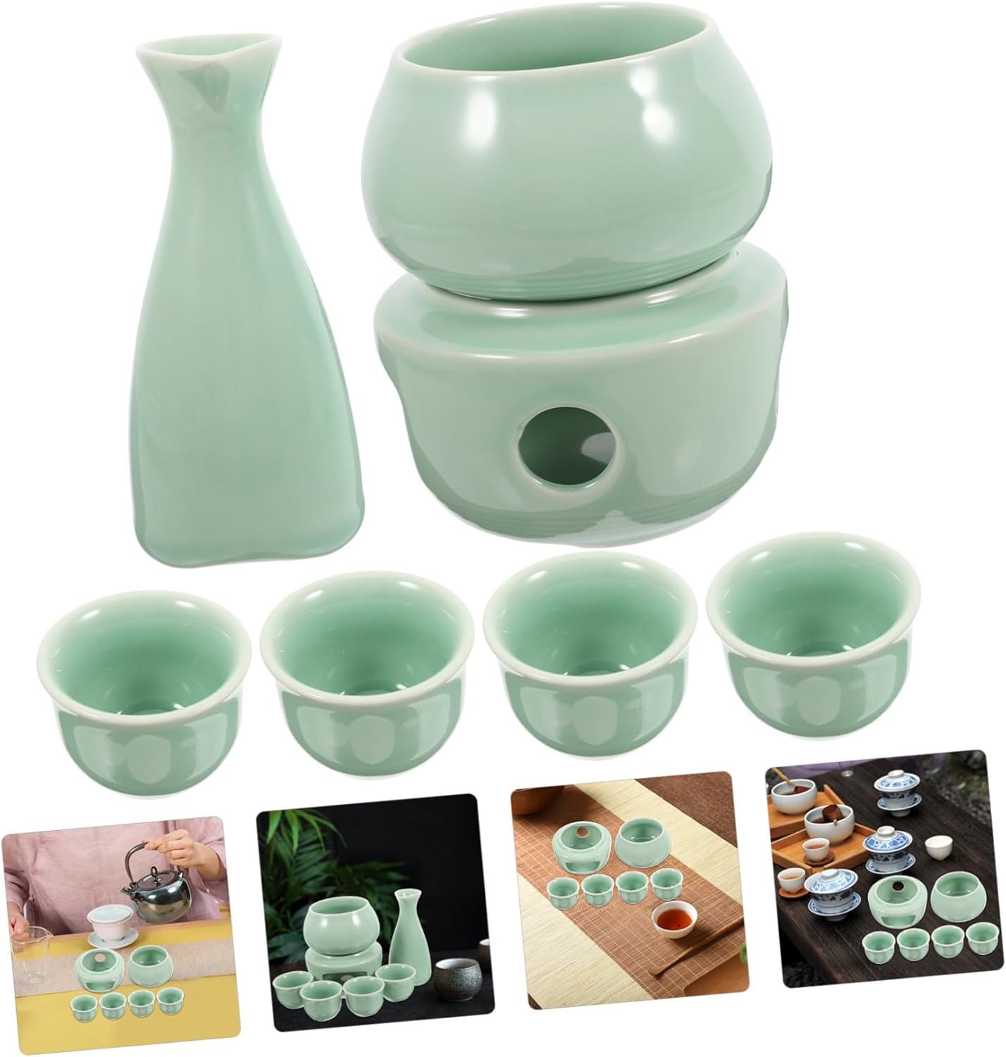 Ceramic Sake Set with Heating Base Vintage Japanese Sake Pot and Cups for Warming Beverages for Home Gatherings and Restaurants