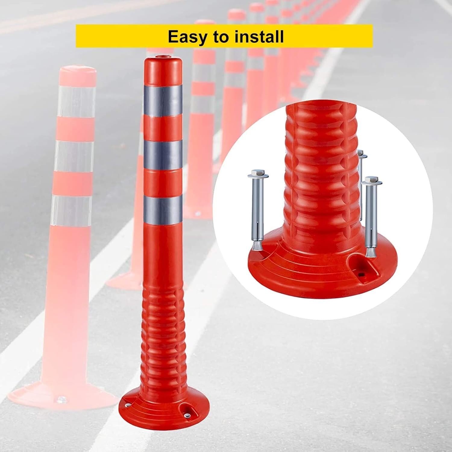 CukUJH PU Security Post Barrier 12 Pcs Bollard Post Traffic Delineator Parking Barrier with Reflective Bands Warning Pile