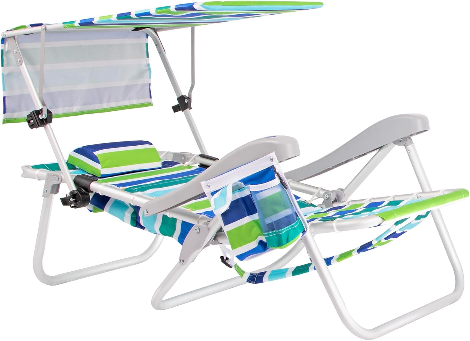 Ultimate Heavy Duty Aluminum Lace-Up Folding Backpack Beach Chair for Adults | Low Seat, Lay Flat, 5 Reclining Positions | Removable Insulated Cooler Pouch & Canopy for UV Protection