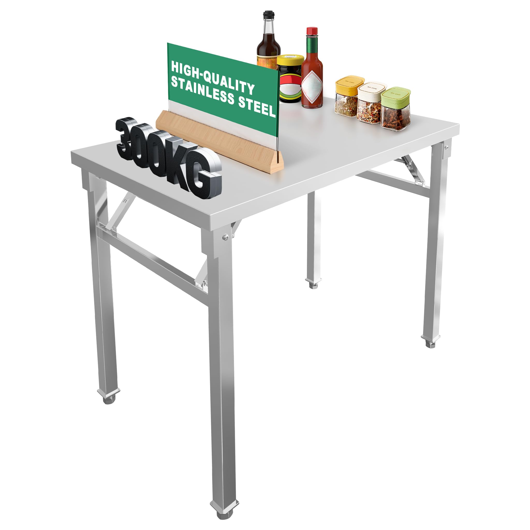 SUBTLETY Tavolo da portata in acciaio inox, 100 x 60 x 85 cm, pieghevole, con piano da cucina, portata fino a 300 kg e piedini regolabili, tavolo in acciaio inox, per preparazione di alimenti