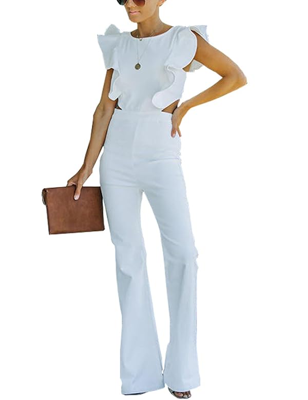 Omoone Womens Flared Denim Overalls Jumpsuit Ruffle Sleeves Backless Stretchy Blue Jean Romper(3219-White-M) by Omoone - Used condition - US$31.76