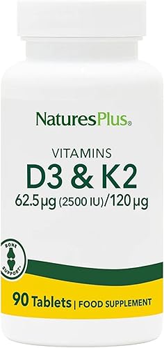 Natures Plus Vitaminas D3 y K2-90 Tabletas – Promueve el apoyo óseo, la función inmunológica, la salud cardiovascular y el equilibrio del estado de