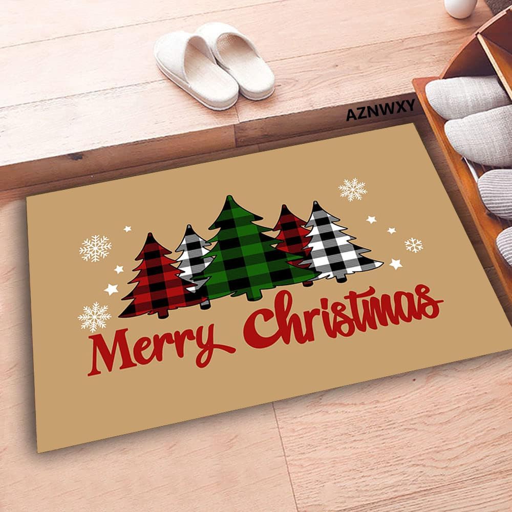 AZNWXY Welcome Doormat - Merry Christmas Doormat, Red and Black Plaid Outdoor Mat Entrance Mat Funny Floor Mats