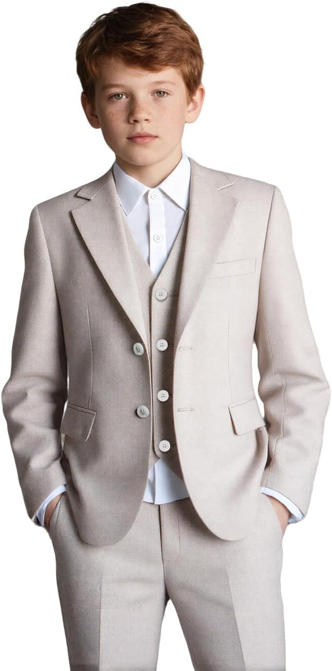 Lamgool Boys Suits Slim Fit Tuxedo Kids Formal Outfit 3-Piece Set with Blazer Vest Pants for Summer Beach Wedding
