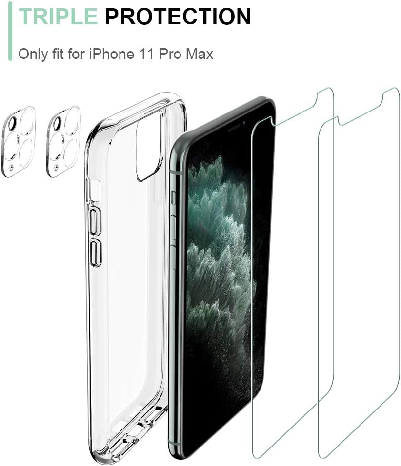 HATOSHI 2 Pack Screen Protector + 2 Pack Camera Lens Protector + 1 Pack Clear Acrylic Case for iPhone 11 Pro Max 6.5-inch Tempered Glass, NOT for iPhone 11 Pro, Triple Protection - Clear