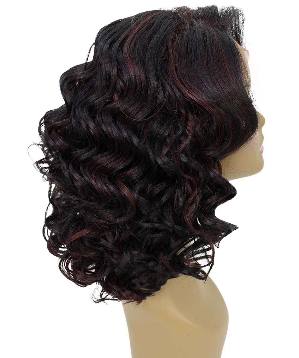 LUXLUXE Candace Curly 13 Inch Long 4X4 Women's Lace Front Wig, Heat Resistant Fiber, 20+ Shades of Natural, Dip Dyed, Highlight Colors (#F1B/33 - Black with Auburn Highlights)