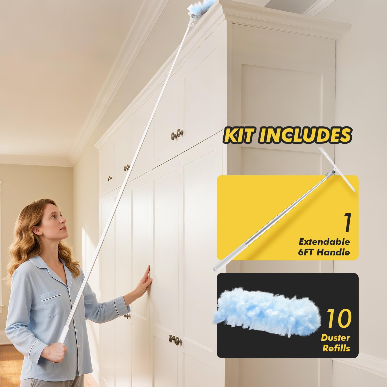 Mango de plumero extensible de 6 pies con 10 recambios, compatible con Swiffer, almohadillas desechables de microfibra para limpieza del hogar, techo, ventilador, ventana, zonas de difícil acceso