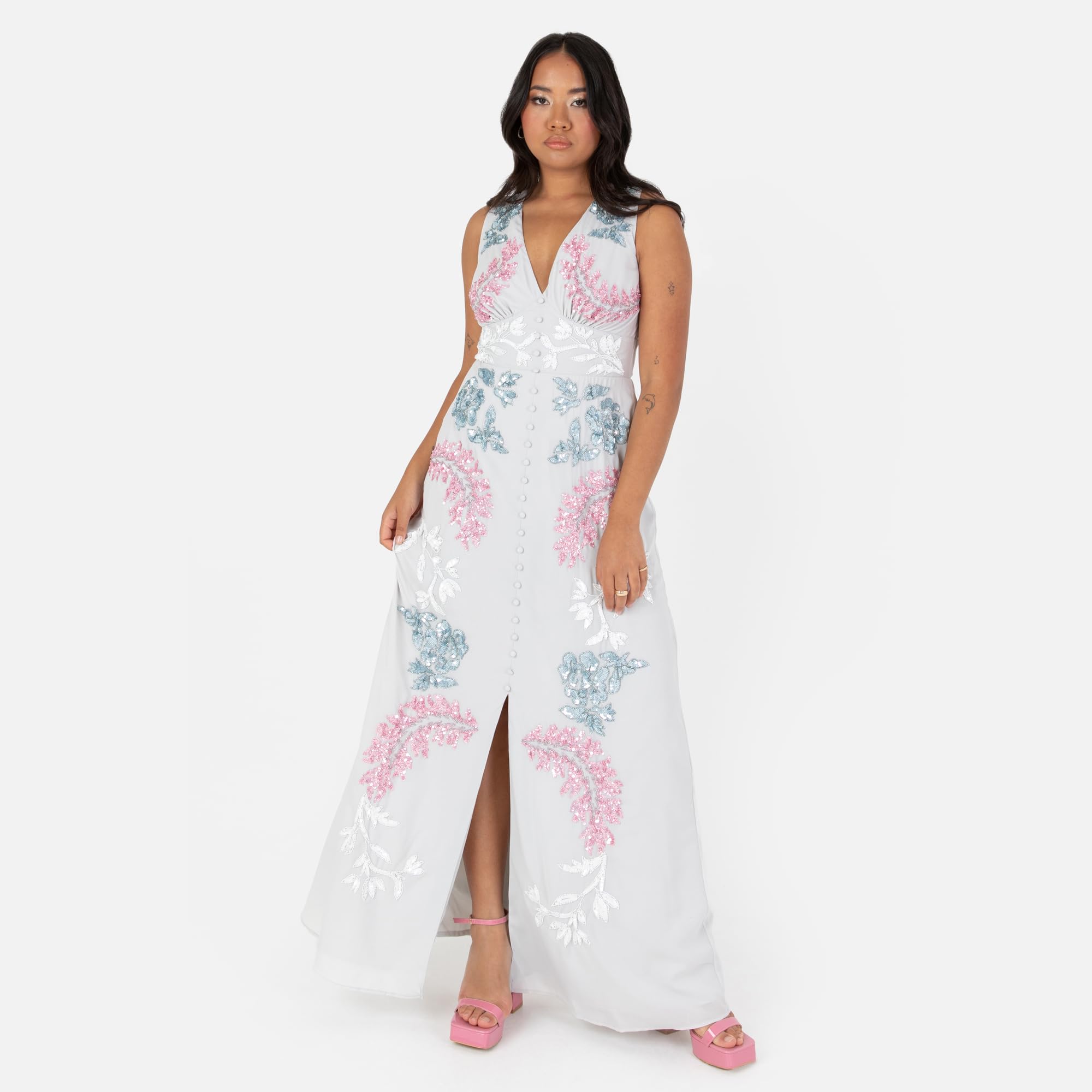 Maya Deluxe Women's Ladies Maxi Dress V-Neckline Sleeveless Floral Sequin Embellished Button Front Slit for Wedding Guest Occasion Vestito Donna
