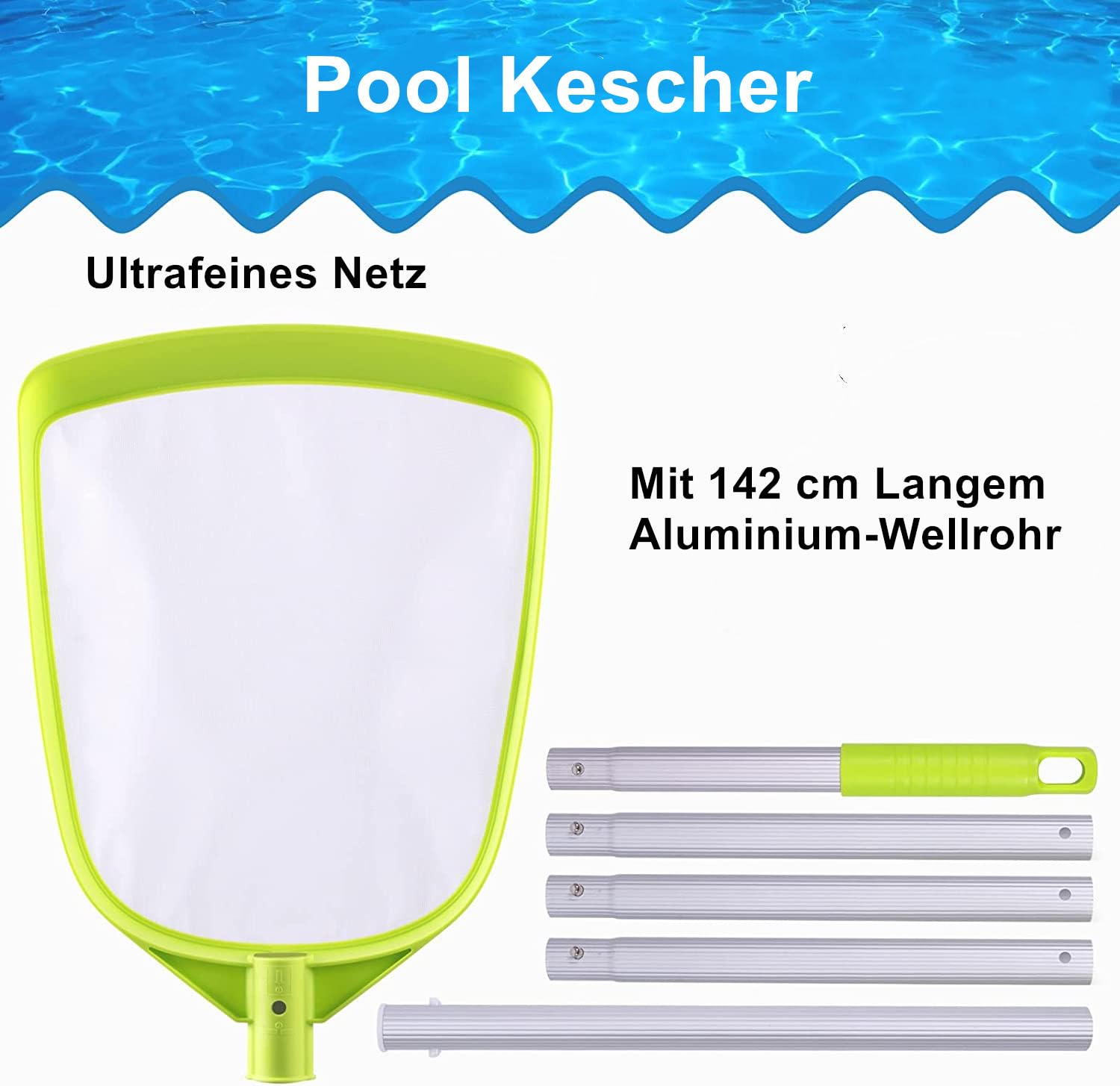 Poolkescher Poolskimmer Poolreinigung Kescher mit Stab 142cm Langer Wellrohr aus Aluminium (Ultrafeines Mesh)