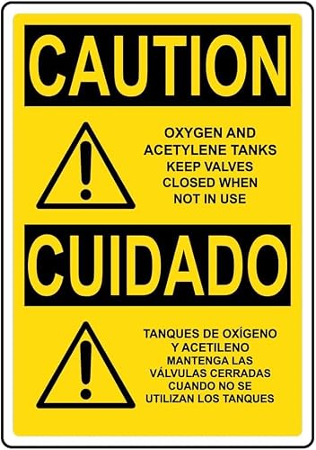 English + Spanish OSHA Caution Oxygen Acetylene Tanks with Symbol Rust Free Aluminum Tin Sign - Warning Decor with Pre-Drilled Holes for Factory - 12x8 Inch​