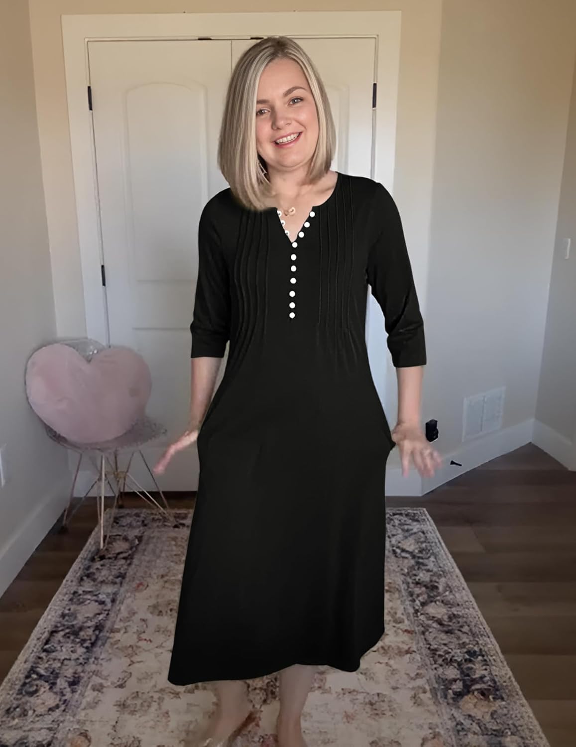 Soesdemo Long Sleeve Dress for Women Casual V Neck Pleated Button Down 3/4 Sleeves Knee Length Midi Dresses with Pockets - Image 6