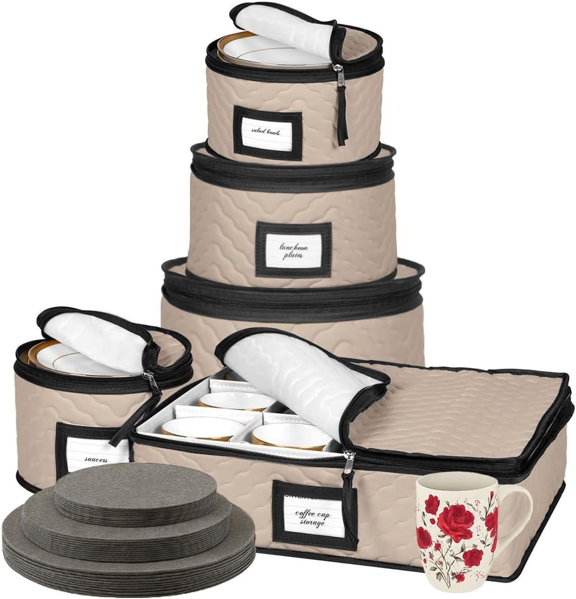 China Storage Containers 5-Piece Set Moving Boxes for Dinnerware, Glasses, Plates, Mugs and Saucers Sturdy Quilted Microfiber Dish Organizer with Extra Felt Dividers - Holds Set of 12 - Brown