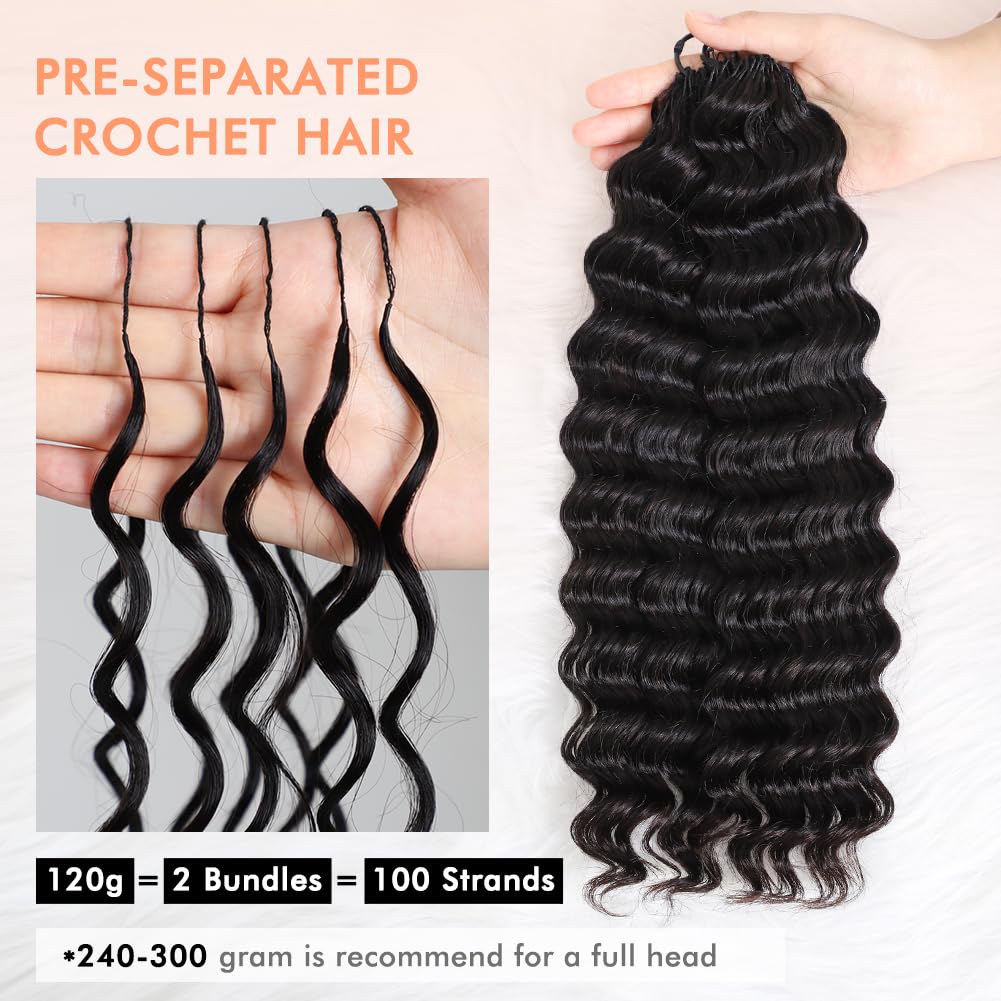 Flady Miracle Knots Crochet Human Hair Deep Wave Feather Crochet Human Hair Bundles Pre-Separated Pre Looped Human Crochet Hair for Black Women Natural Black 18 Inch 120g 100 Strands