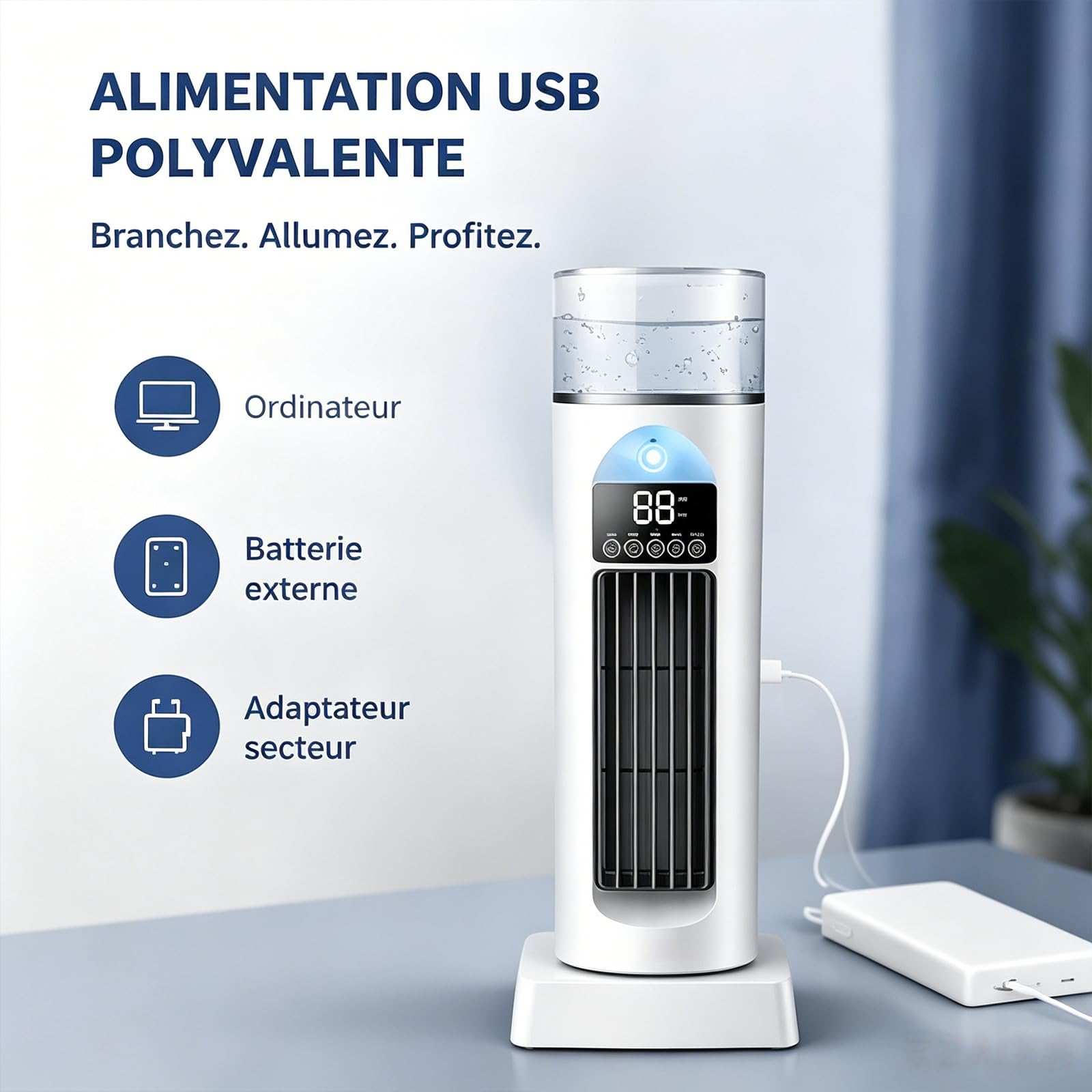 Générique Ventilateur Colonne Rafraîchissant avec Brumisateur, Silencieux 6 Vitesses Télécommande, Oscillation 110° USB Rechargeable, Réservoir d'Eau 230 ml – Pour Bureau Chambre Salon (Noir)