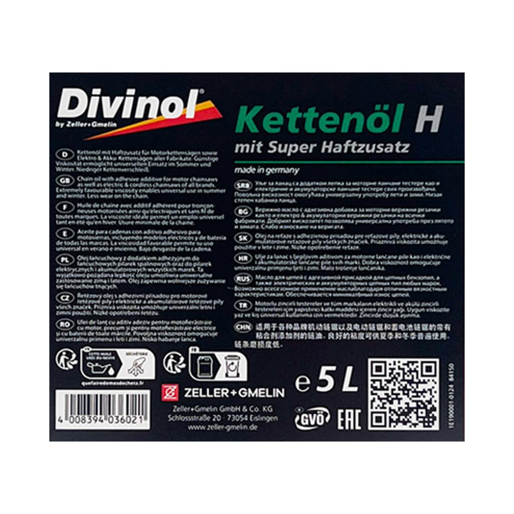 Divinol Kettenöl H | 10 L | Sägekettenöl | VG 100 | Haftöl für Motorsäge | (84150) | Kettenöl mit Haftzusatz – Verschleißschutz für Kette & Schwert – mineralisch | mit Trichter