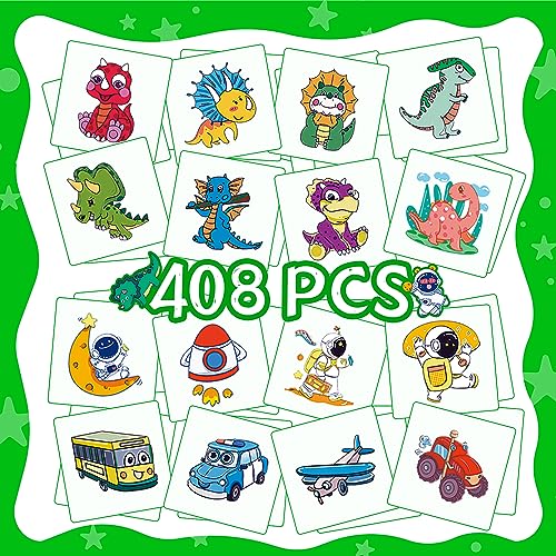 Metker 408Pcs Individually Temporary Tattoos For Kids Dinosaurs,Vehicles,Space Children Waterproof Tattoos Birthday Party Supplies For Boys,Dinosaurs Party Favors Goody Bag Stuffers cover
