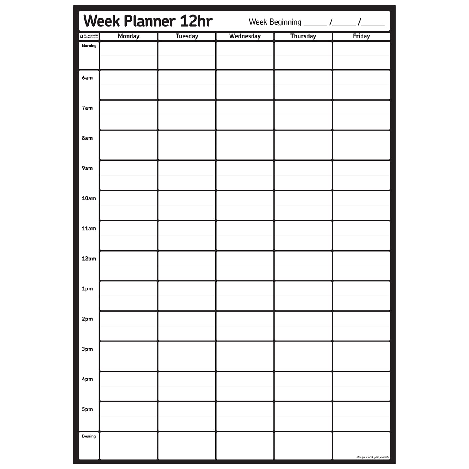 Week Planner Laminated Wall Chart - 12hrs / 5 Days Re-use, Wipe Clean & Use Again, Portrait, Medium 49cm x 35cm (Folded)