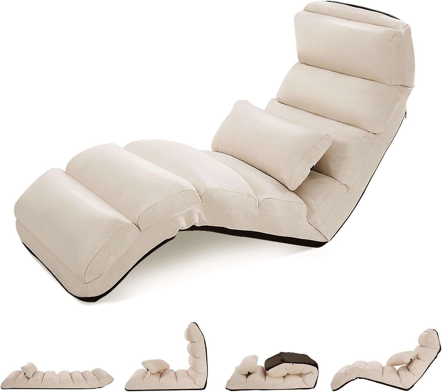 Moccha Floor Chairs for Adults, Adjustable 5-Position Floor Lounger w/Thick Padded & Pillow, No Assembly Folding Lazy Sofa Chair for Gaming, Sleeping, Light Weight Chaise Lounge Indoor, Beige