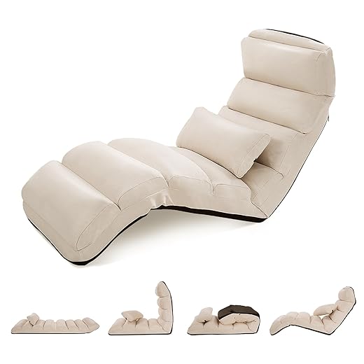 Moccha Floor Chairs for Adults, Adjustable 5-Position Floor Lounger w/Thick Padded & Pillow, No Assembly Folding Lazy Sofa Chair for Gaming, Sleeping, Light Weight Chaise Lounge Indoor (Beige)