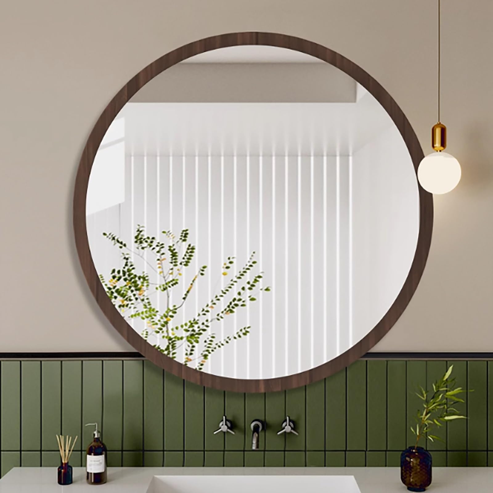 FGXHHS Round with Wood Frame,Large Wall-Mounted Vanity Mirror,HD Glass Makeup for Bathroom,Living Room,Hallway,Bedroom,Rustic Vintage Hanging Wall Decor (Walnut,50cm/19.7in)